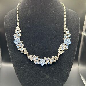 Vintage Floral Silver Tone Necklace with Blue Rhinestone Accents